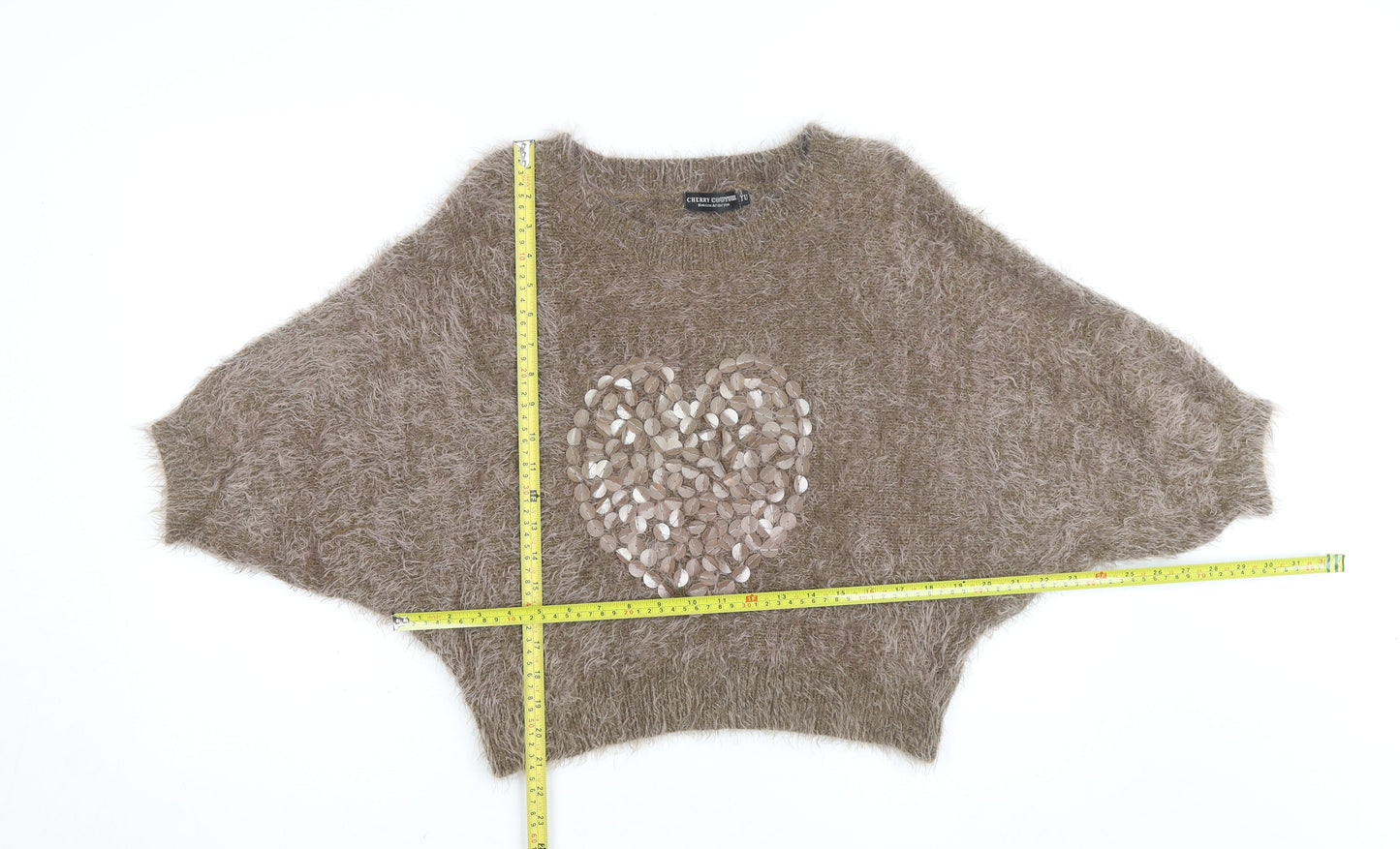 Cherry Couture Women Beige Fuzzy Sequin Heart Jumper Size M