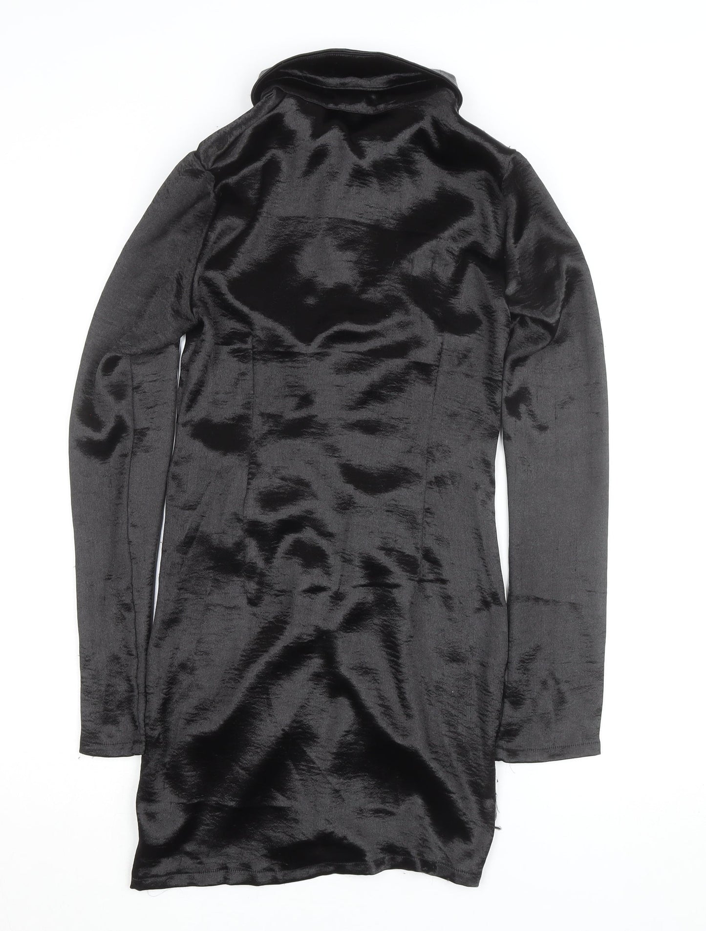 PrettyLittleThing Womens Black Size 6 Satin Ruched Shirt Dress