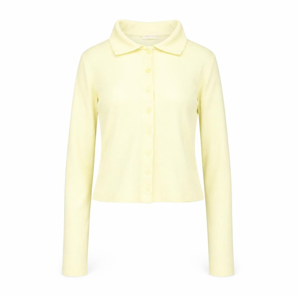 Stradivarius Women Yellow Cropped Collared Long Sleeve Button-Up Shirt Size 8