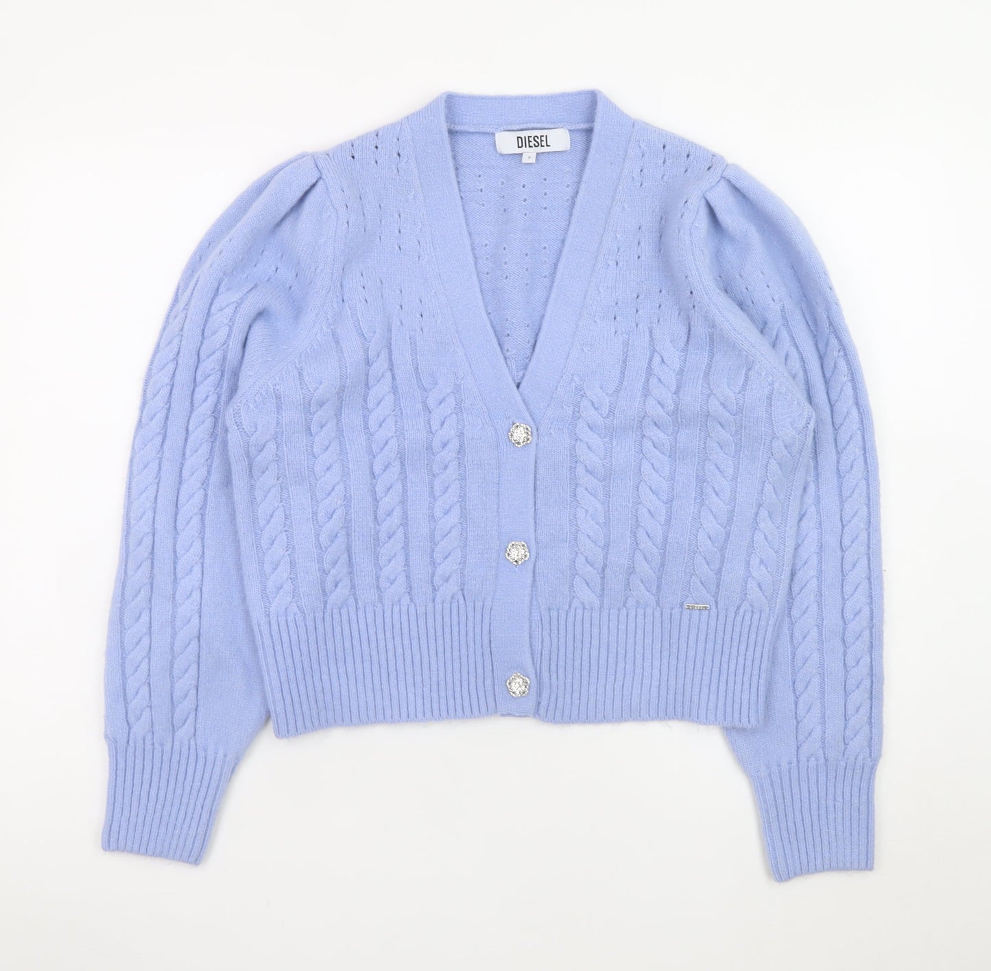 Diesel Women's Blue Cable-Knit Puff Sleeve Cardigan - Size S