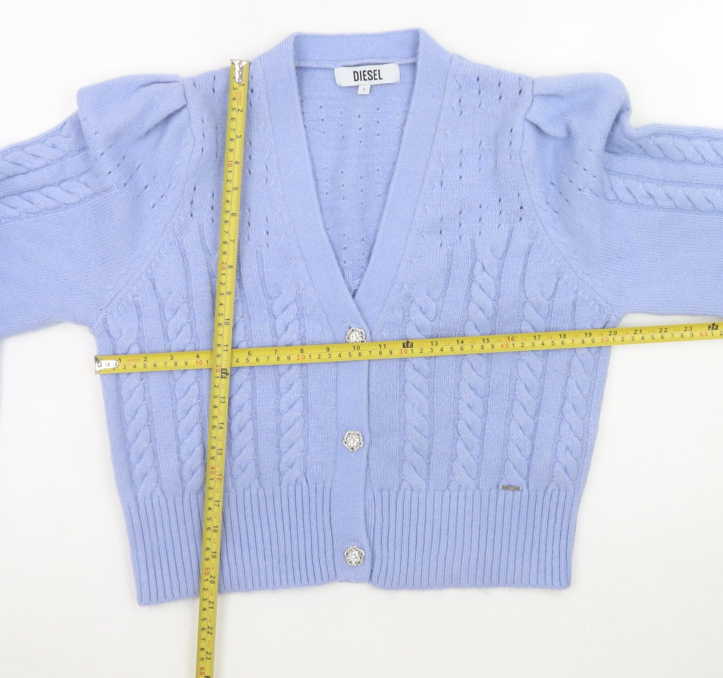 Diesel Women's Blue Cable-Knit Puff Sleeve Cardigan - Size S