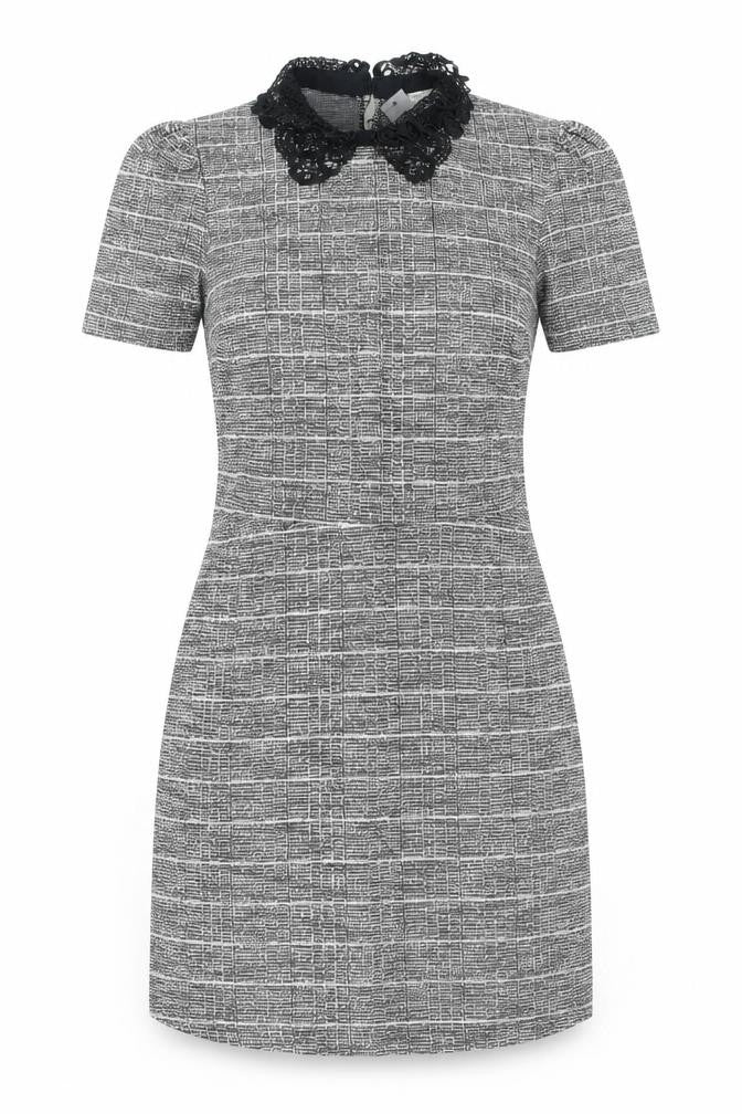 River Island Women Grey Check Shift Dress Size 12 Short Sleeve Lace Collar