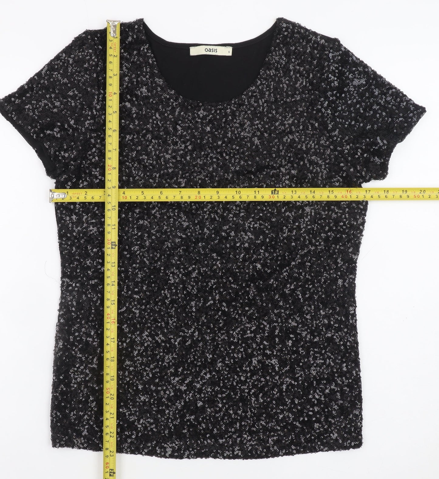 Oasis Women's Black Sequin Short Sleeve Party Top Size S