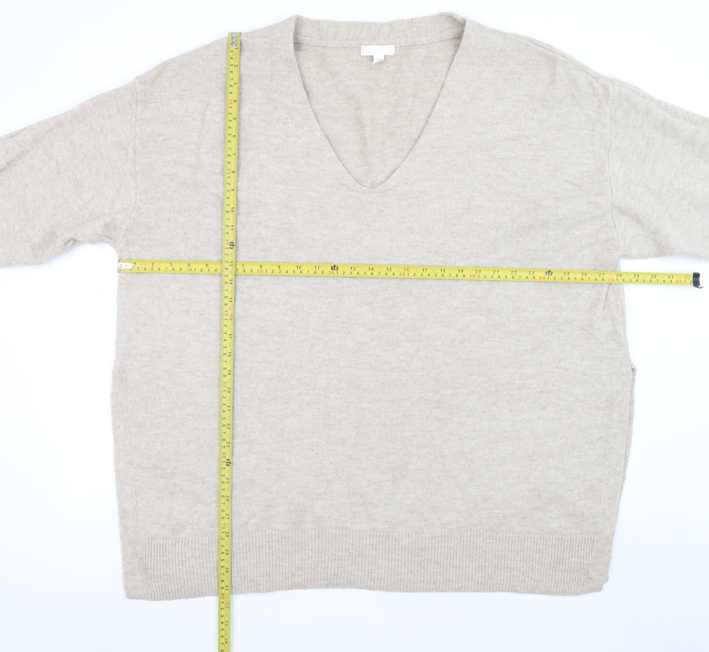 H&M Women Beige V-Neck Long Sleeve Pullover Jumper Size 20