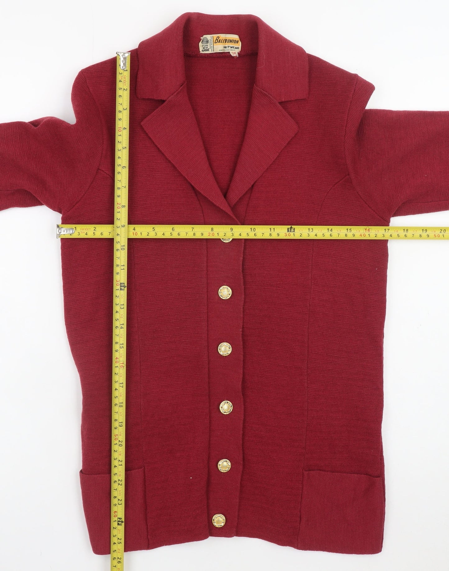 Ballybunion Women Red Wool Collared Long Sleeve Vintage Cardigan Size 10