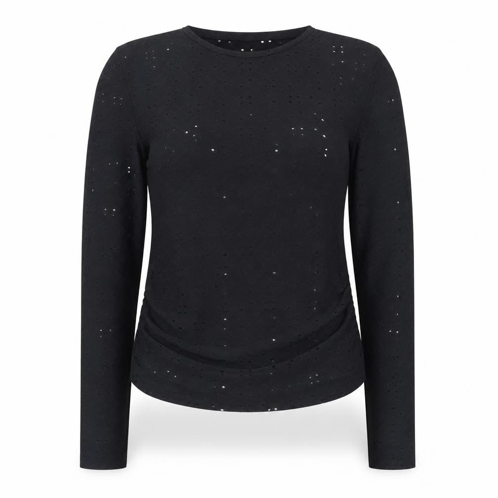 Zara Women Black Long Sleeve Cotton Blend Eyelet T-Shirt M