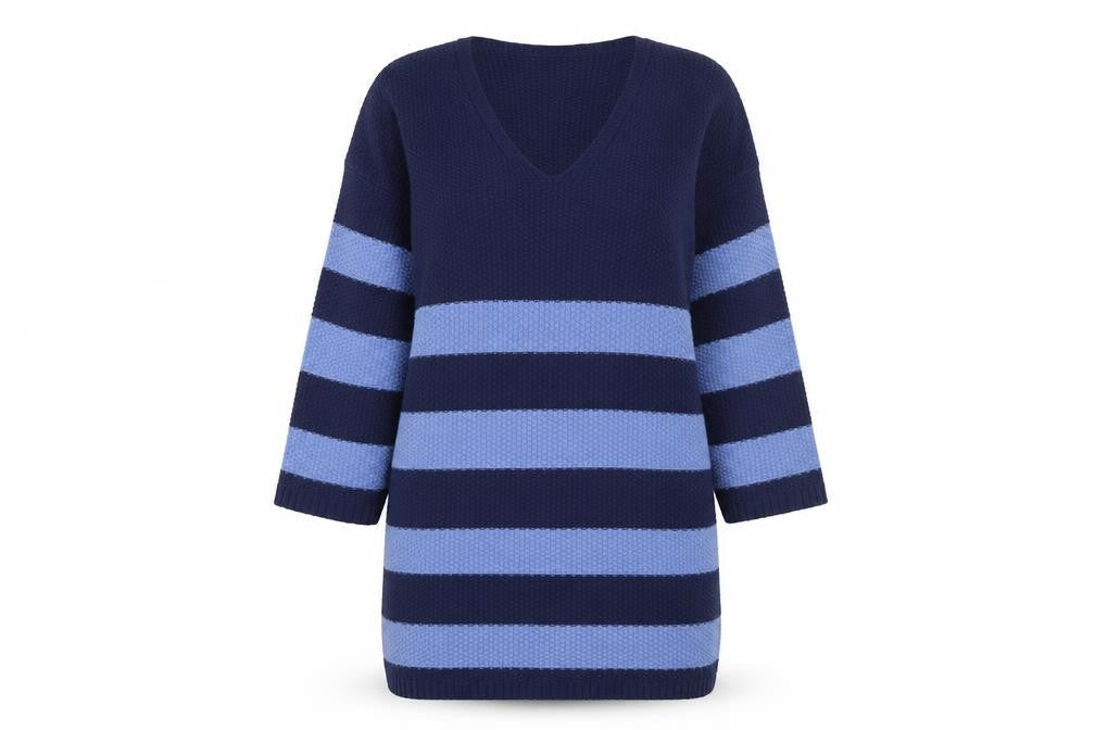 Nova Notte Women's Blue Striped V-Neck Knit Jumper Dress S