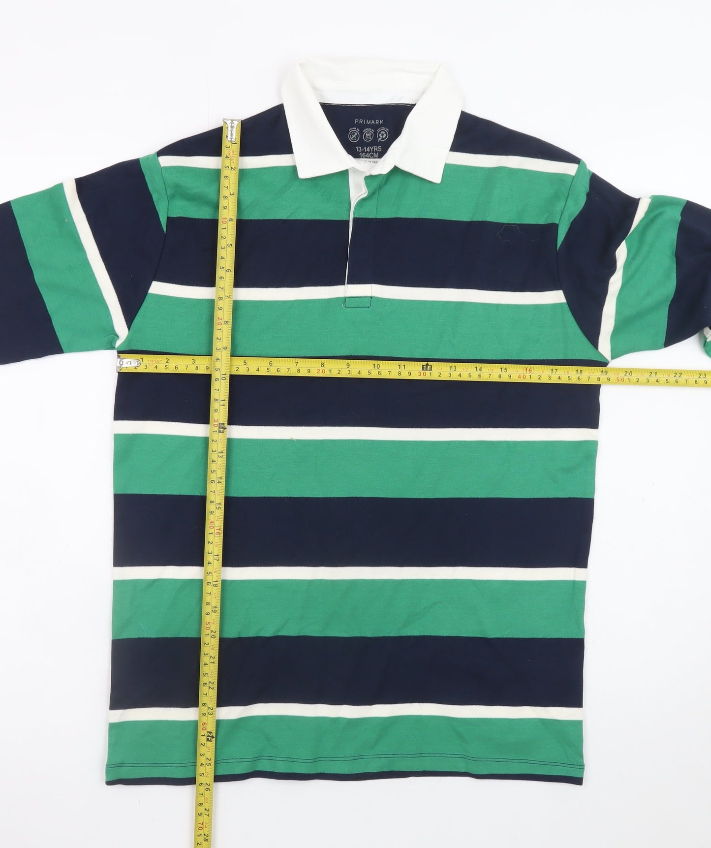 Primark Boys Green & Navy Striped Long Sleeve Polo Rugby Shirt 13-14 Years