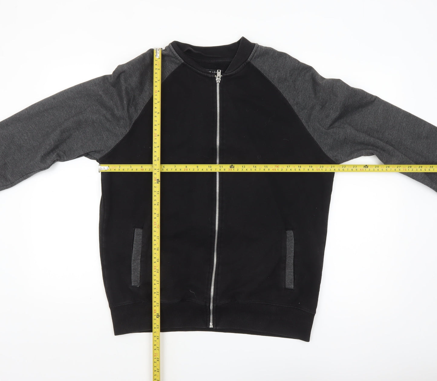 New Look Men Black Grey Bomber Jacket L Full Zip Cotton Blend