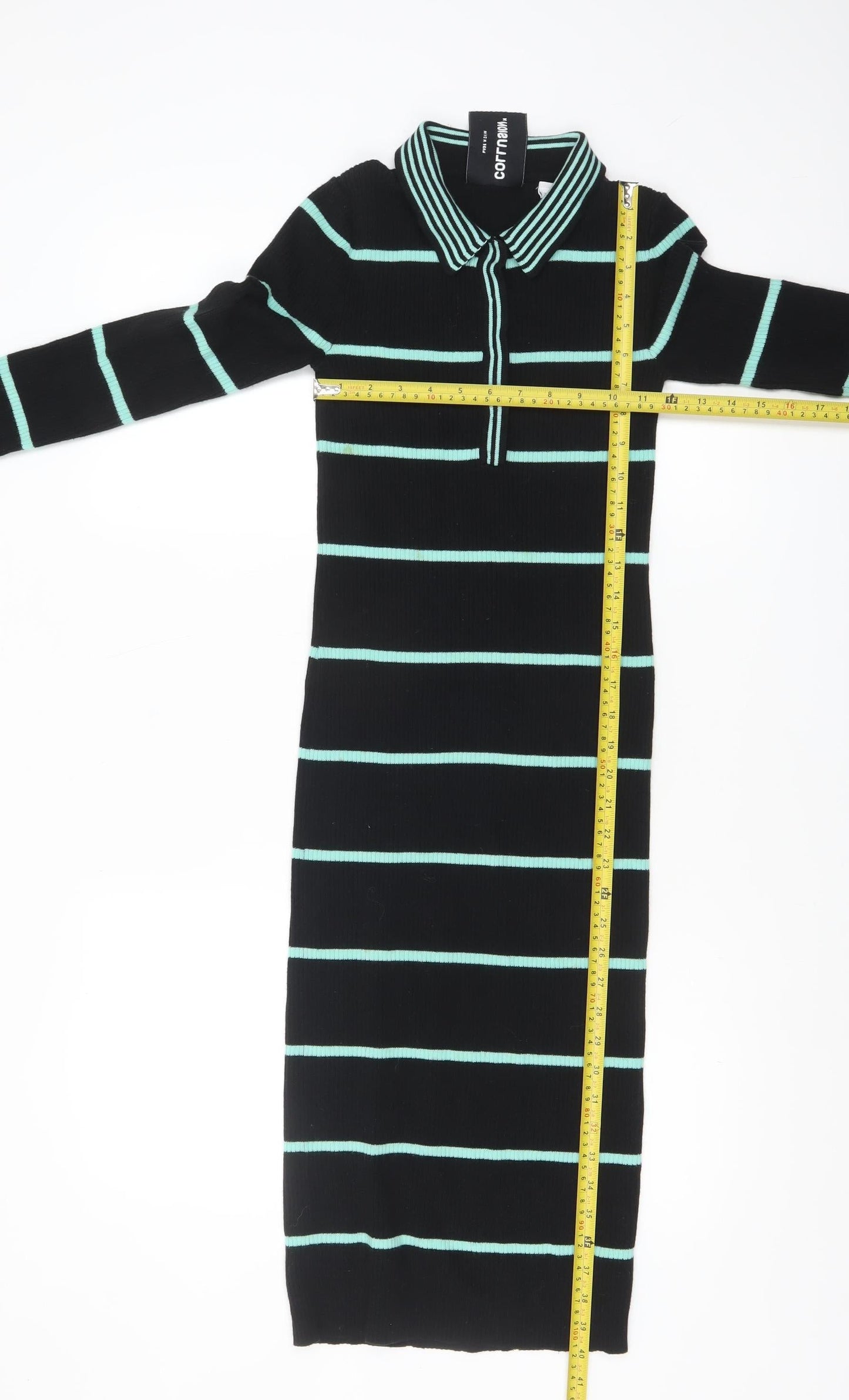 Collusion Women's Black Green Striped Collared Midi Shirt Dress Size 6