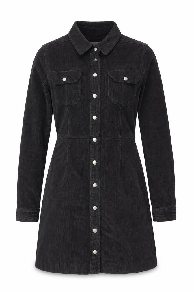 Front view of ASOS Women’s Black Corduroy Long Sleeve Shirt Dress, size UK 2