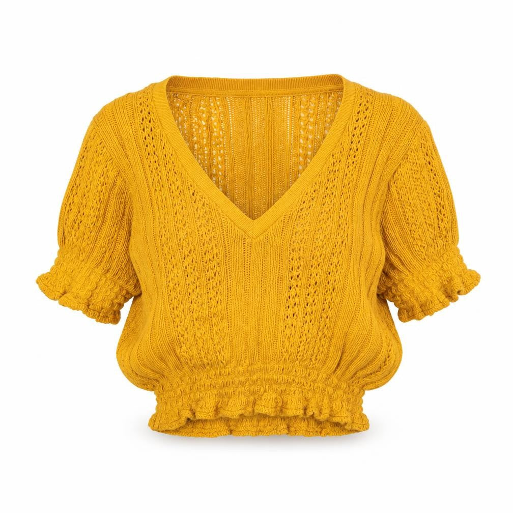 Zara Women's Yellow Cropped Knit Cotton Blouse Size S V-Neck Short Sleeve