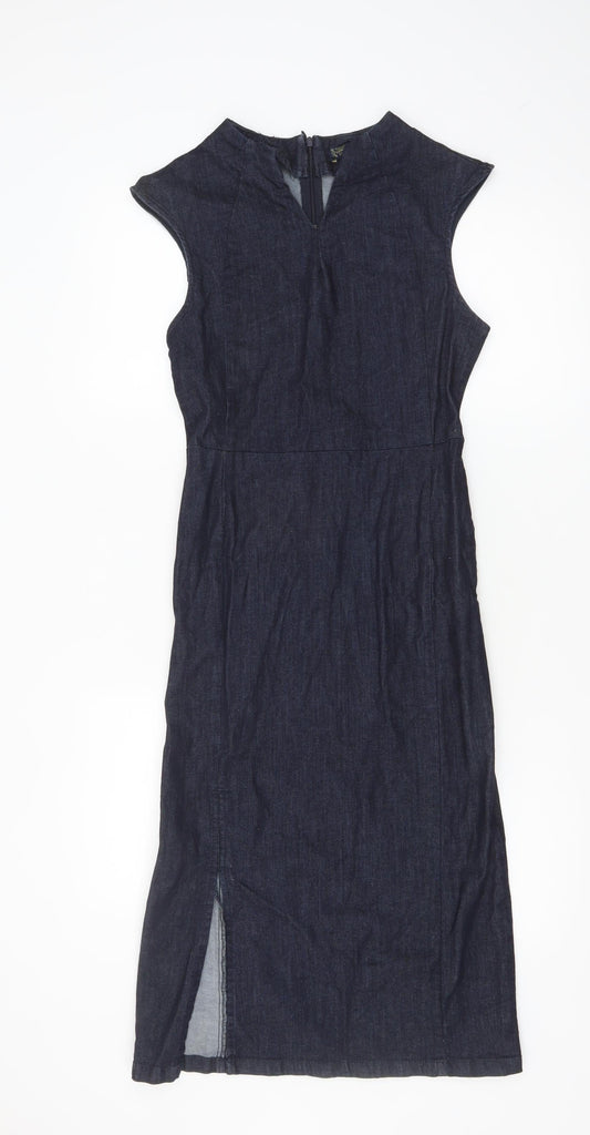 Zara Basic Women Blue Denim Sheath Dress Size S Sleeveless Midi Zip Back