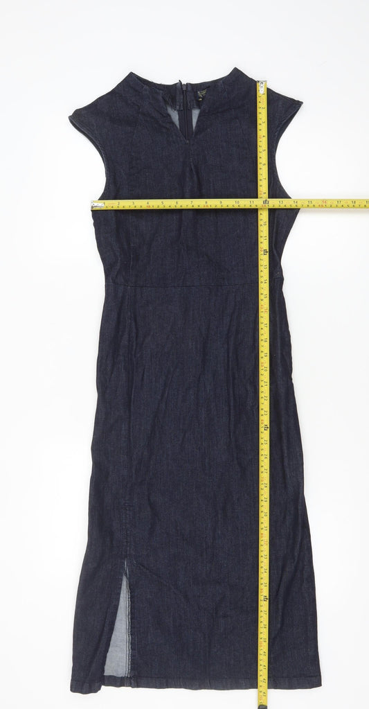 Zara Basic Women Blue Denim Sheath Dress Size S Sleeveless Midi Zip Back