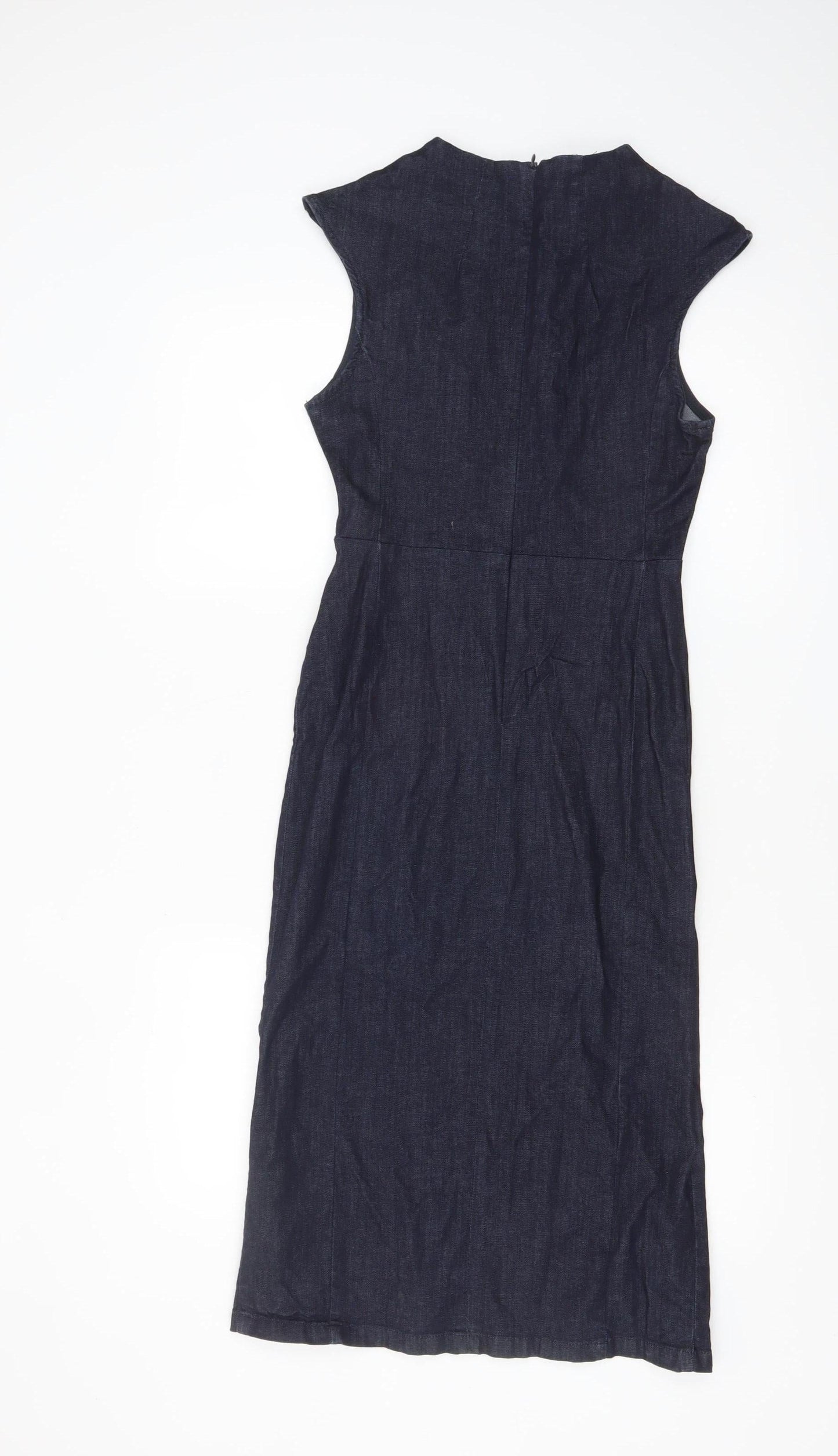 Zara Basic Women Blue Denim Sheath Dress Size S Sleeveless Midi Zip Back