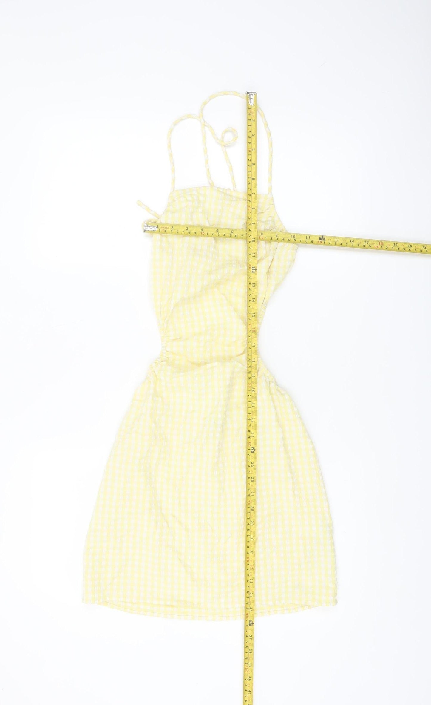 Bershka Women Yellow Check Cut Out Slip Dress Size S