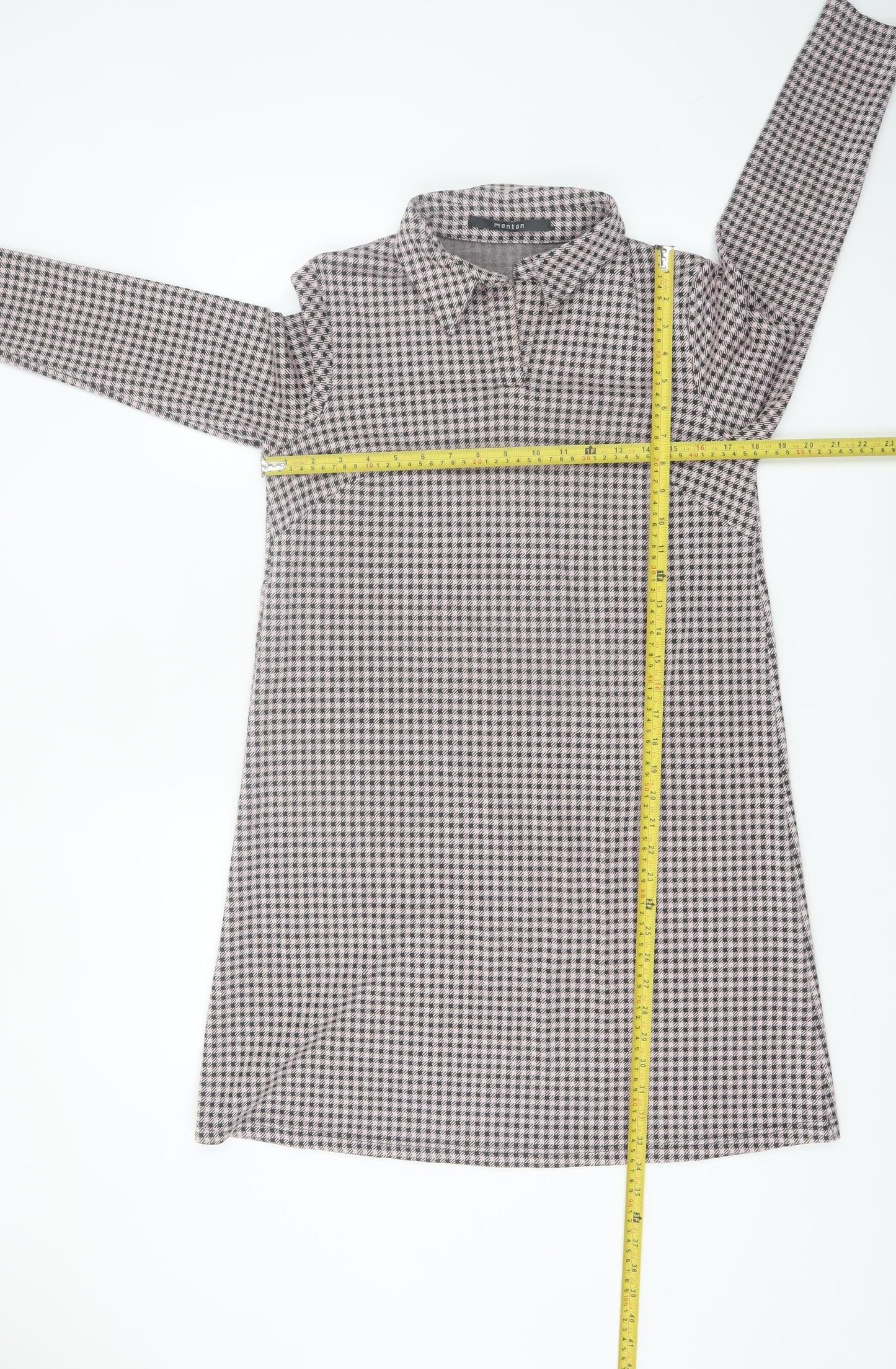 Monton Women Black & White Houndstooth Collared Long Sleeve Shift Dress UK10