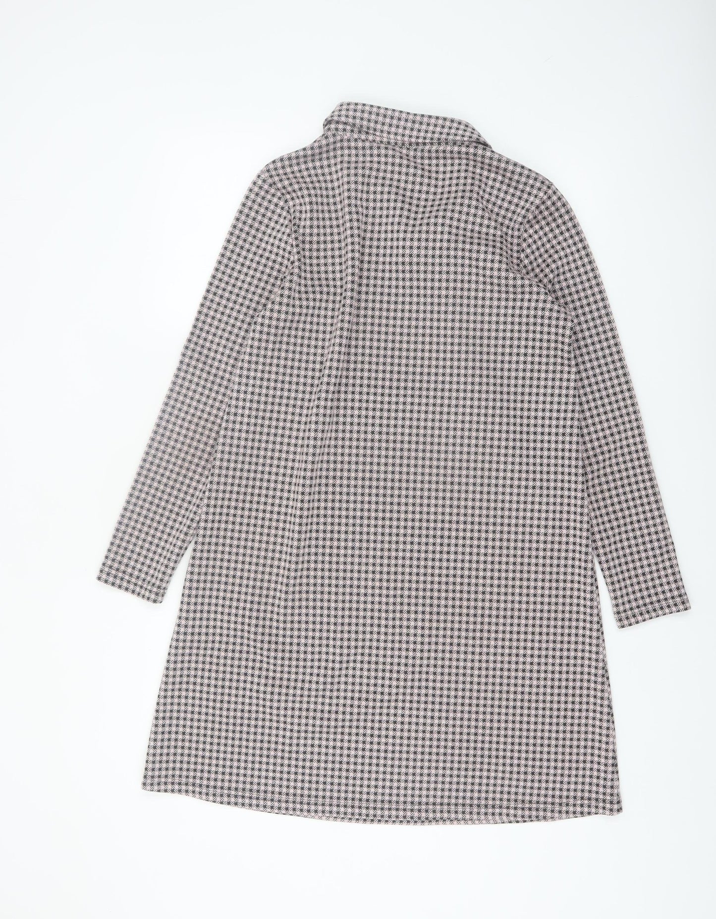 Monton Women Black & White Houndstooth Collared Long Sleeve Shift Dress UK10