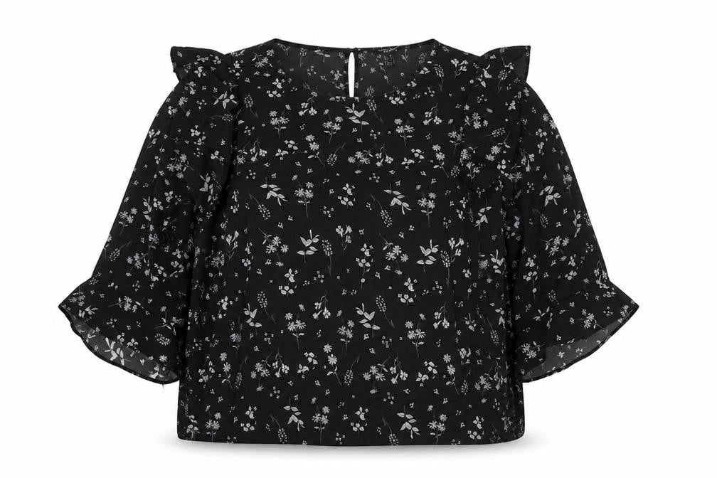 New Look Women Black Floral Ruffle Blouse Size 24 Plus Chiffon Top