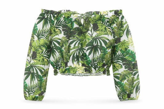 Guess Women's Green Tropical Cropped Off Shoulder Blouse Size L