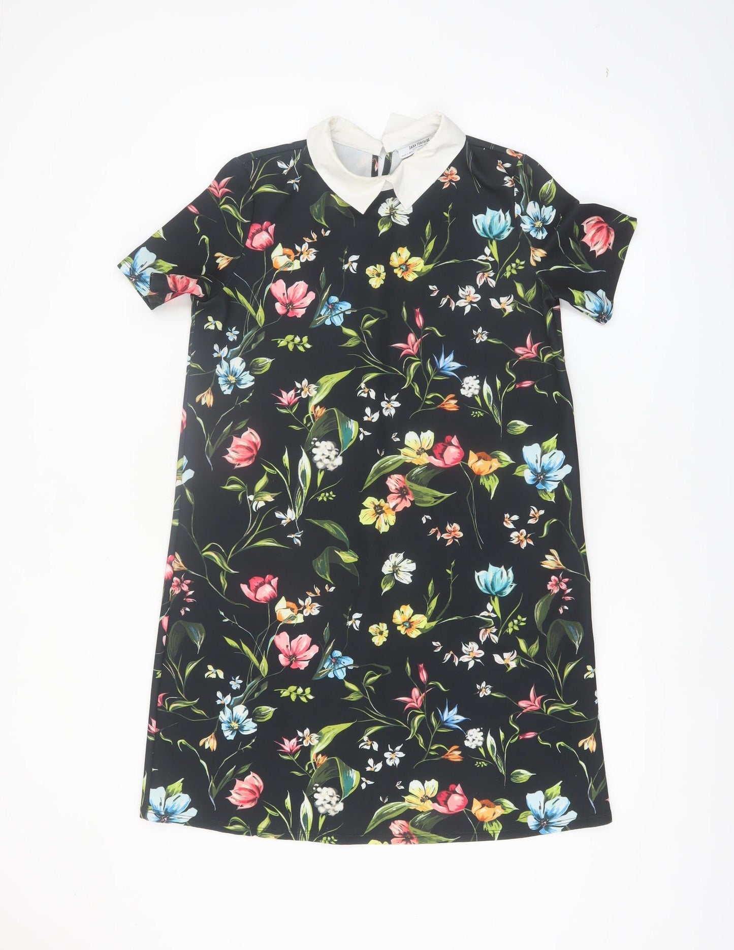 Zara Women Black Floral Collared Shift Dress Size 8