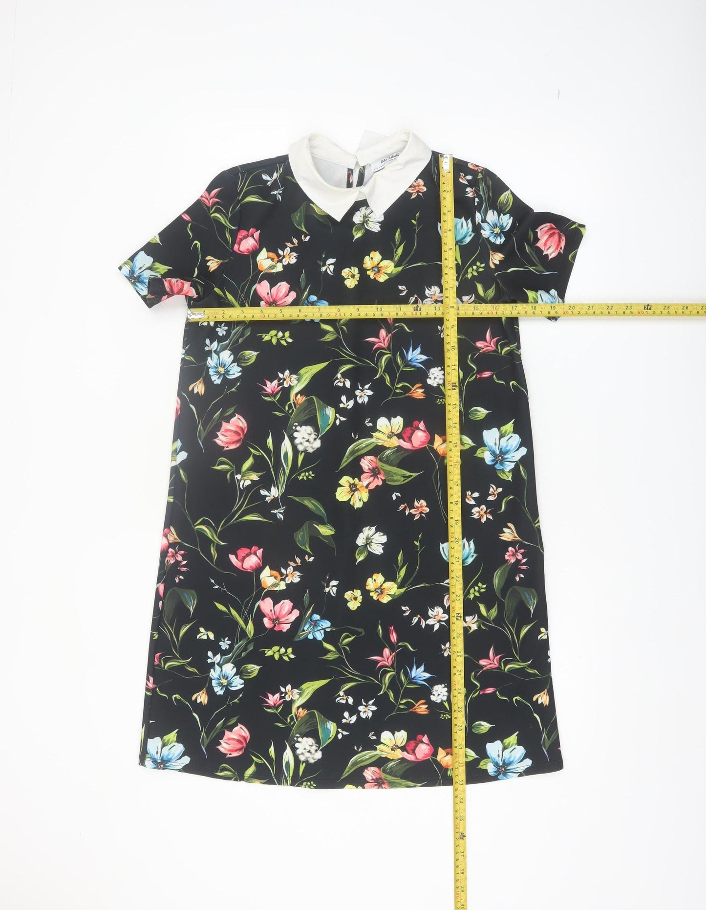 Zara Women Black Floral Collared Shift Dress Size 8
