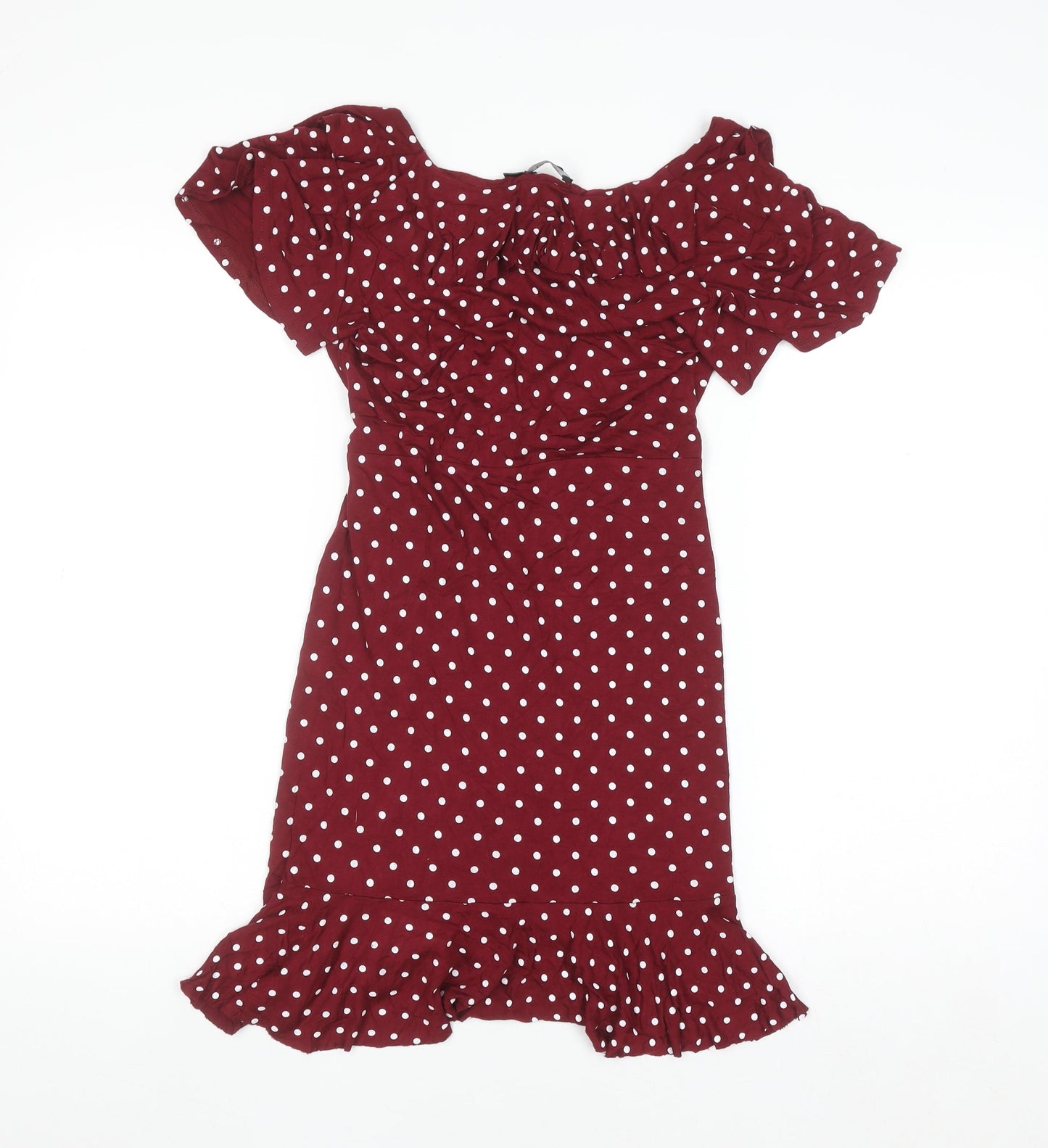 Boohoo Women's Red Polka Dot Wrap Dress Size 10 Short Sleeve V-Neck Ruffle