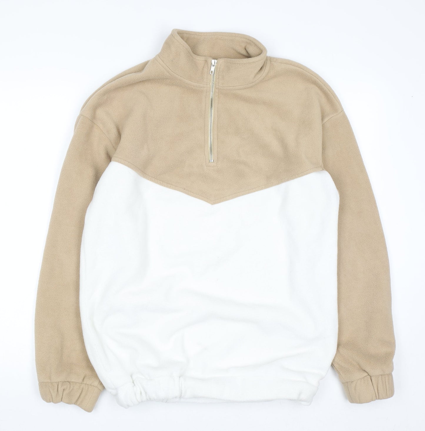 PrettyLittleThing Women Beige & White Fleece 1/4 Zip Pullover Sweatshirt L