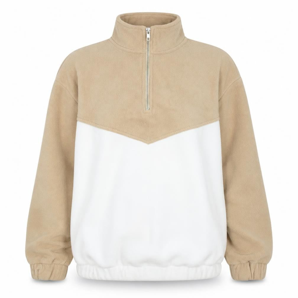 PRETTYLITTLETHING Women Beige & White Fleece 1/4 Zip Pullover Sweatshirt L