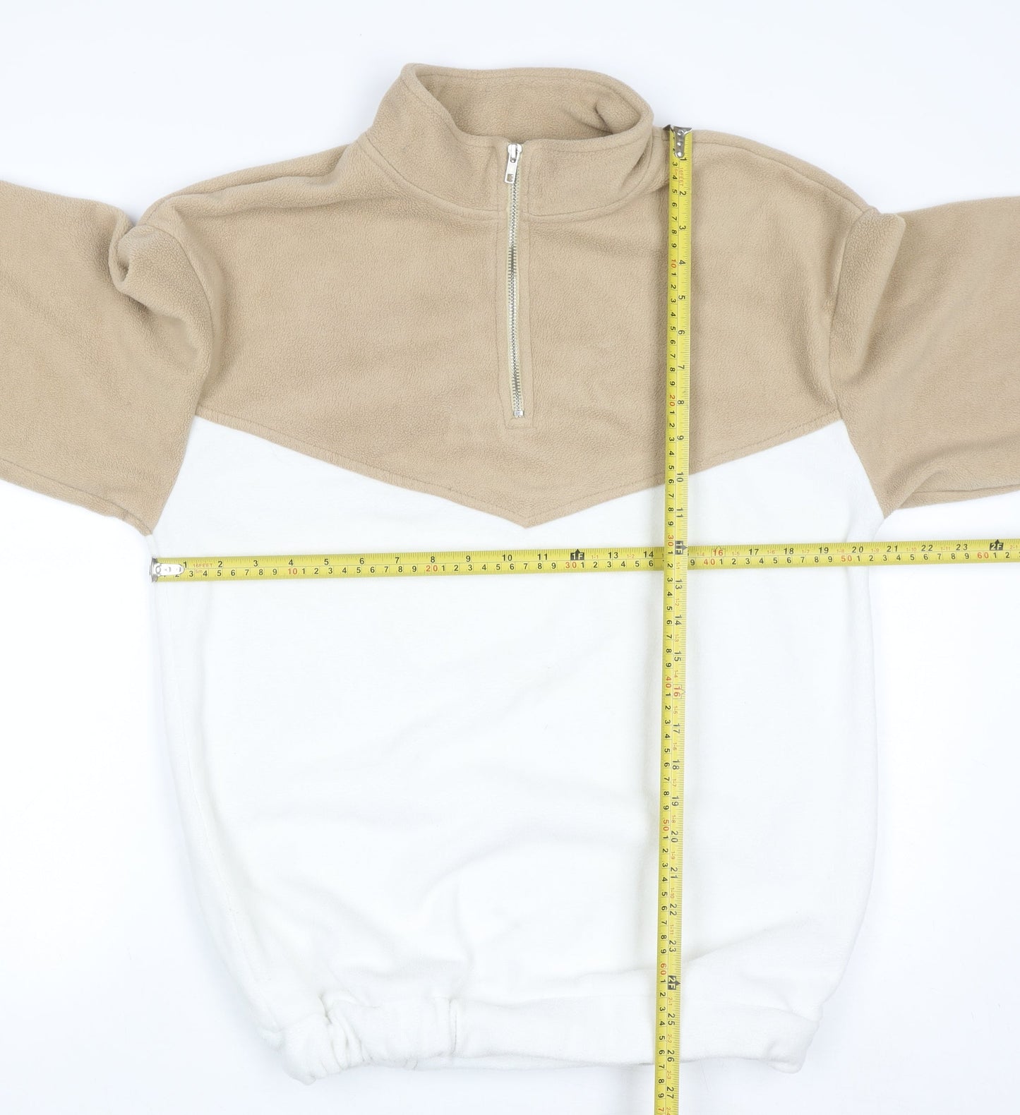 PrettyLittleThing Women Beige & White Fleece 1/4 Zip Pullover Sweatshirt L