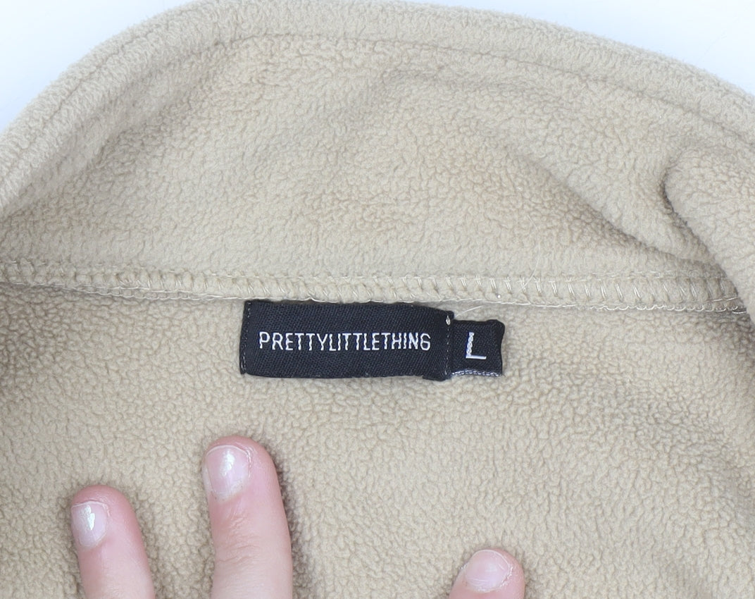 PrettyLittleThing Women Beige & White Fleece 1/4 Zip Pullover Sweatshirt L