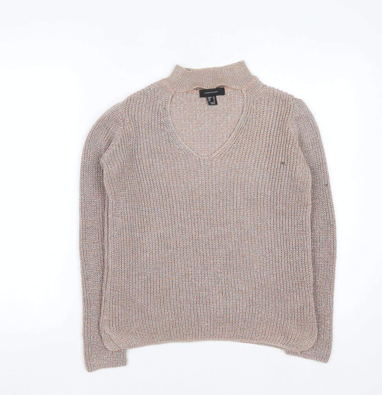 Atmosphere Women Beige Metallic V-Neck Knit Jumper Size 10
