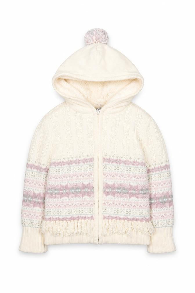 Front view of Nula Bug girls’ ivory fair isle hooded knit jacket 3-4 years lined zip up