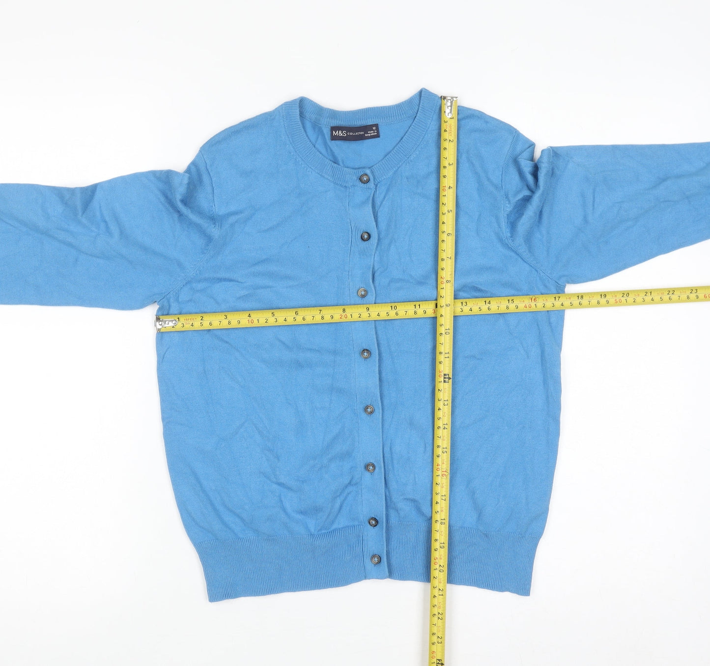 Marks and Spencer Women's Blue Cardigan Size 12 Knit Crew Neck