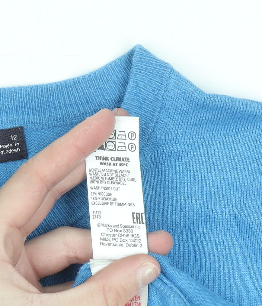 Marks and Spencer Women's Blue Cardigan Size 12 Knit Crew Neck