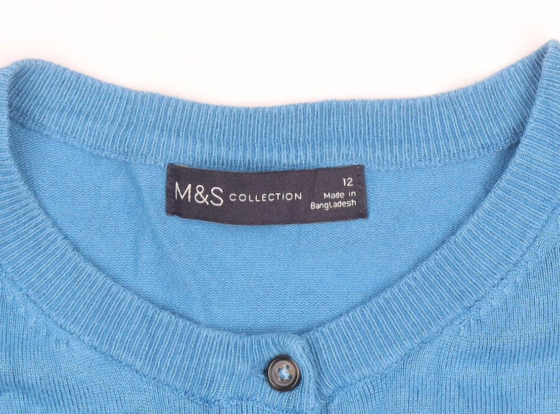 Marks and Spencer Women's Blue Cardigan Size 12 Knit Crew Neck
