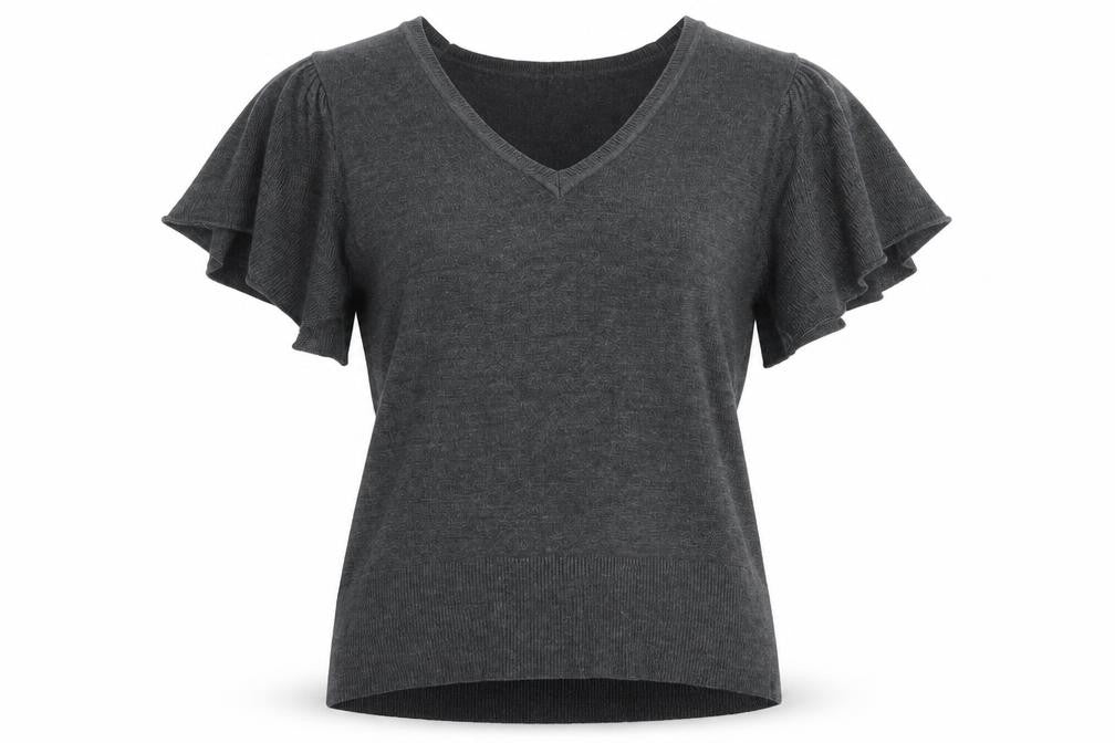 Fashion Essentials Womens Grey Knit V-Neck Short Sleeve Blouse Size 16