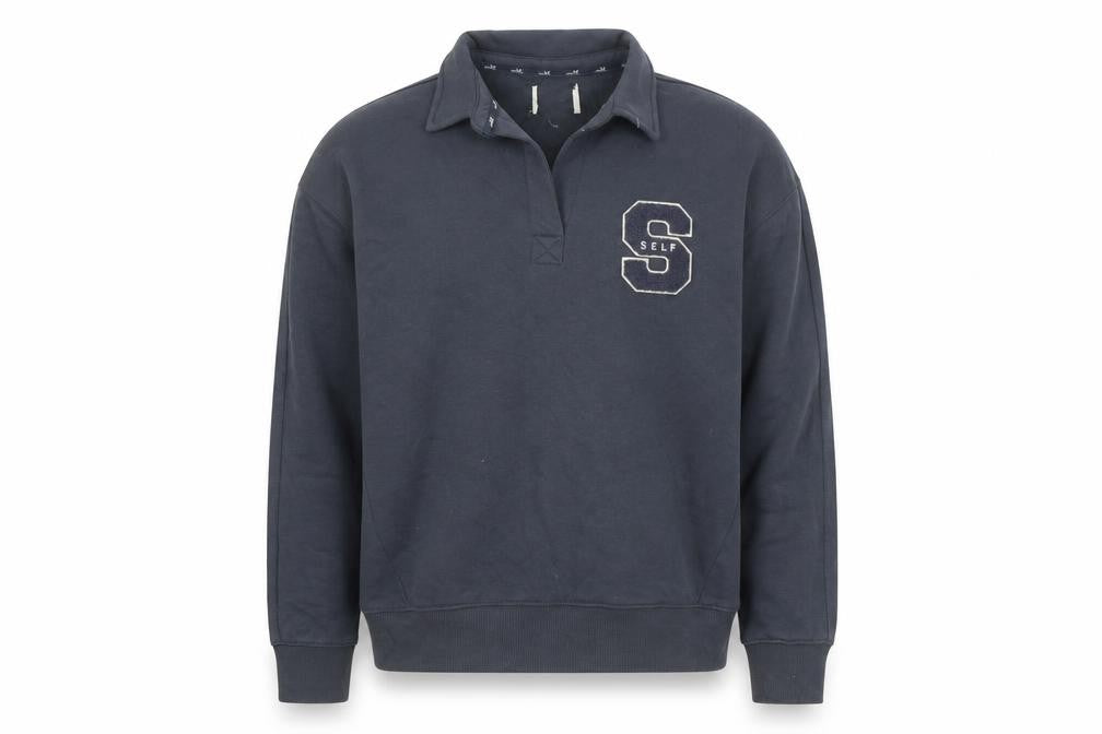 Self Men's Blue Collared Henley Sweatshirt XS Embroidered College Style