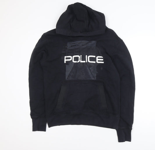 Police Men's Black Cotton Pullover Hoodie Size M with Logo Print