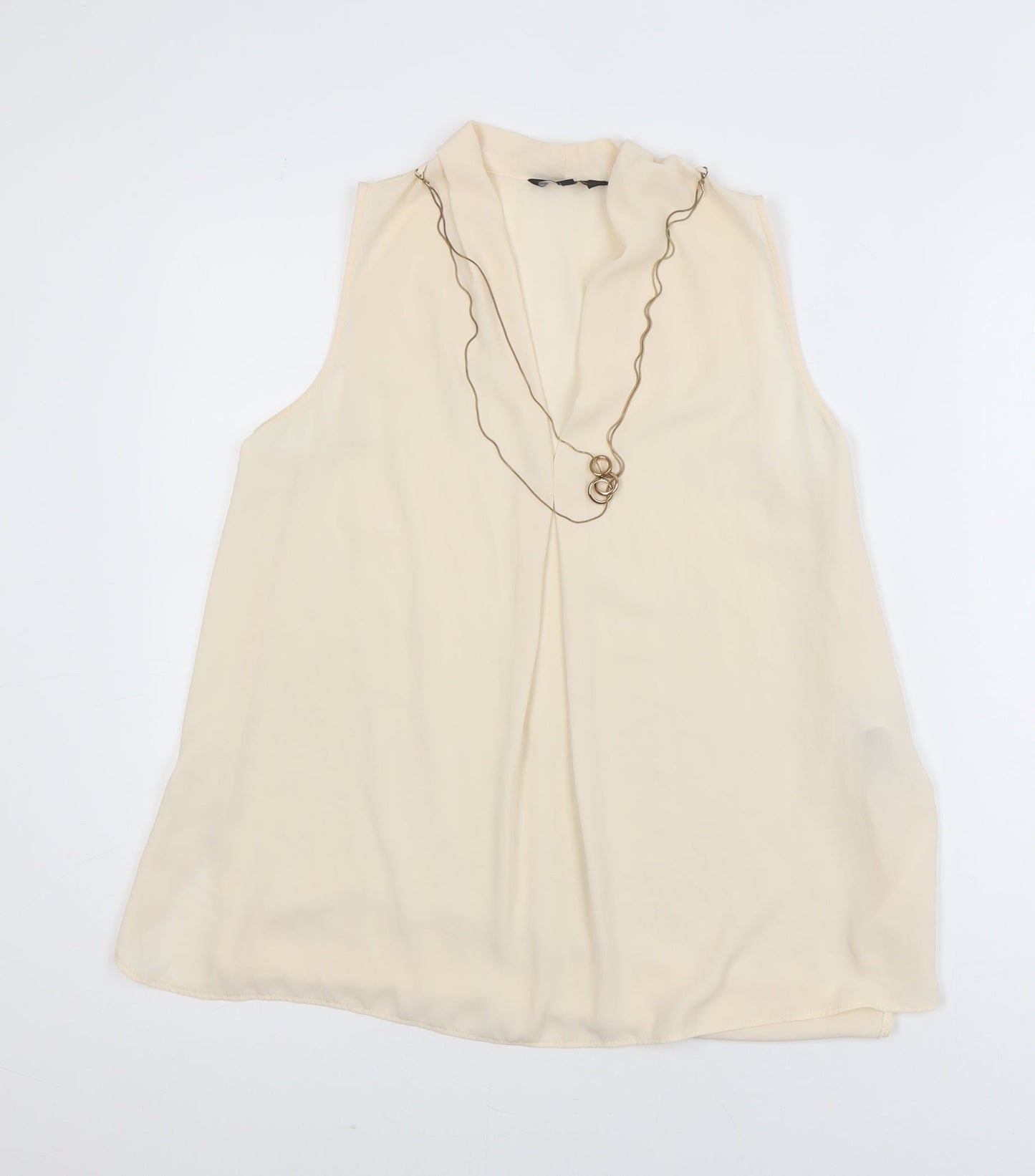 New Look Women Beige Chiffon Sleeveless V-Neck Blouse Size 10