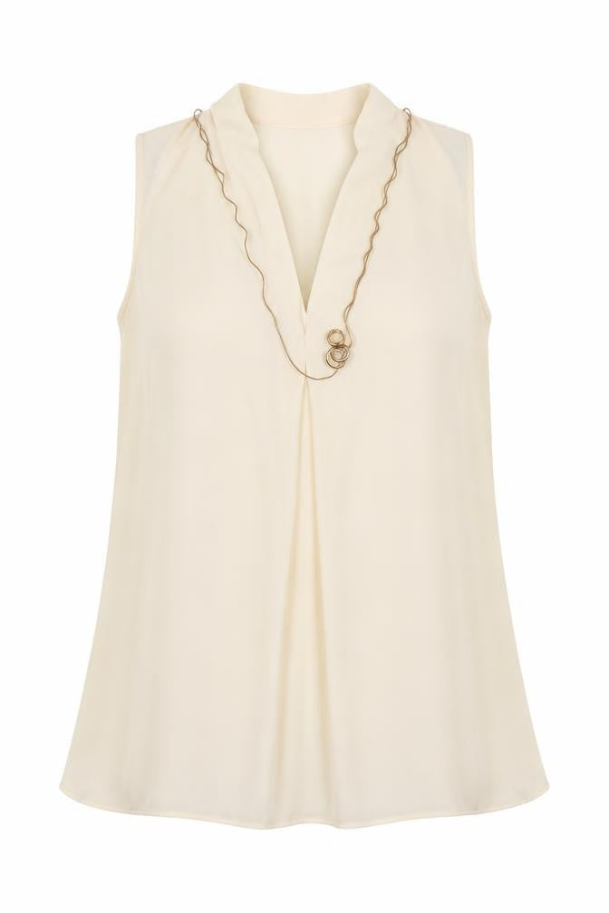 New Look Women Beige Chiffon Sleeveless V-Neck Blouse Size 10