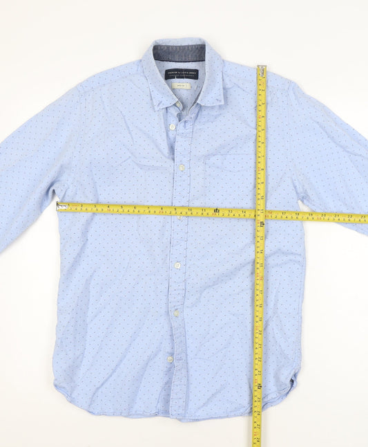 Jack & Jones Men's Blue Geometric Cotton Long Sleeve Shirt M