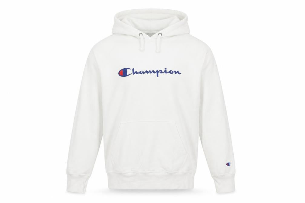 Champion Men's White Hoodie Pullover Medium Logo Print Cotton Blend