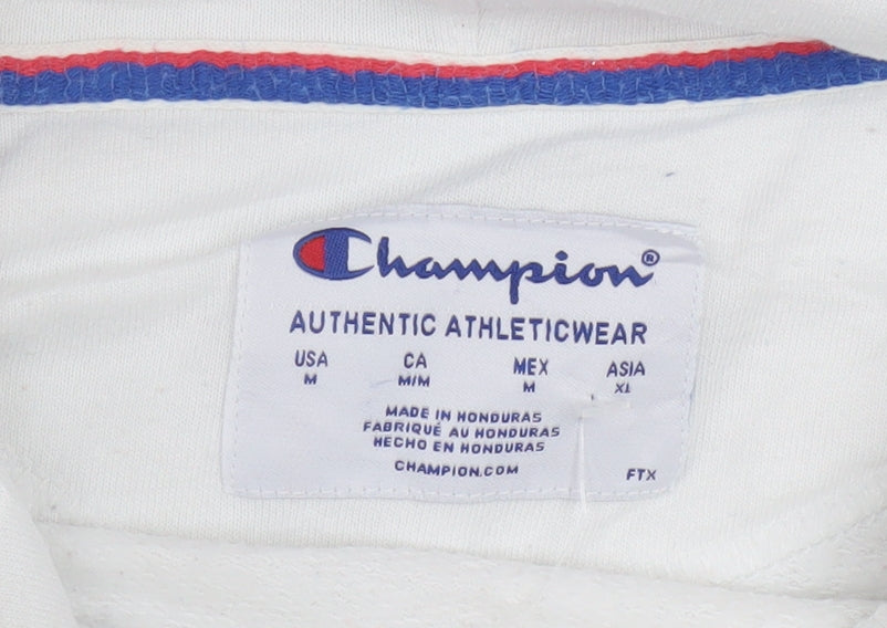 Champion Men's White Hoodie Pullover Medium Logo Print Cotton Blend
