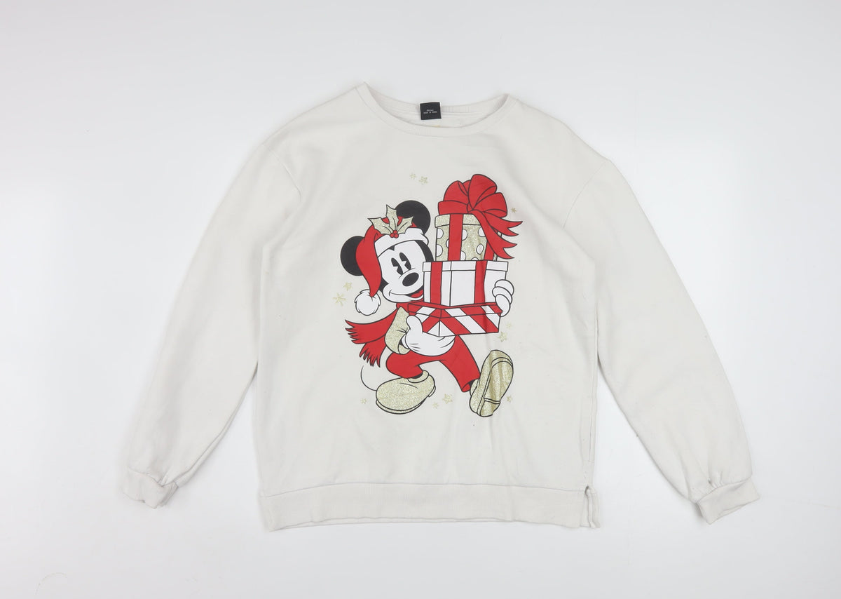 Front view of Disney at Primark girls’ beige mickey mouse christmas sweatshirt 14-15 years