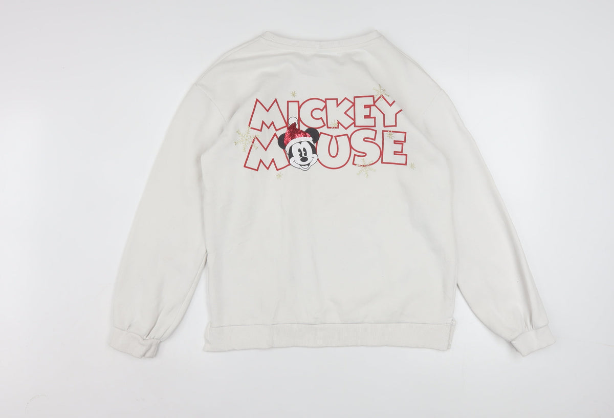 Close-up detail of Disney at Primark girls’ beige mickey mouse christmas sweatshirt 14-15 years