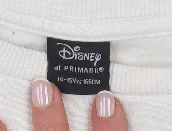Brand and care label for Disney at Primark girls’ beige mickey mouse christmas sweatshirt 14-15 years