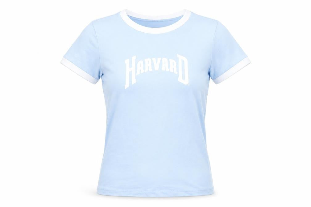 Front view of H&M girls’ blue harvard ringer t-shirt xs cotton elastane short sleeve