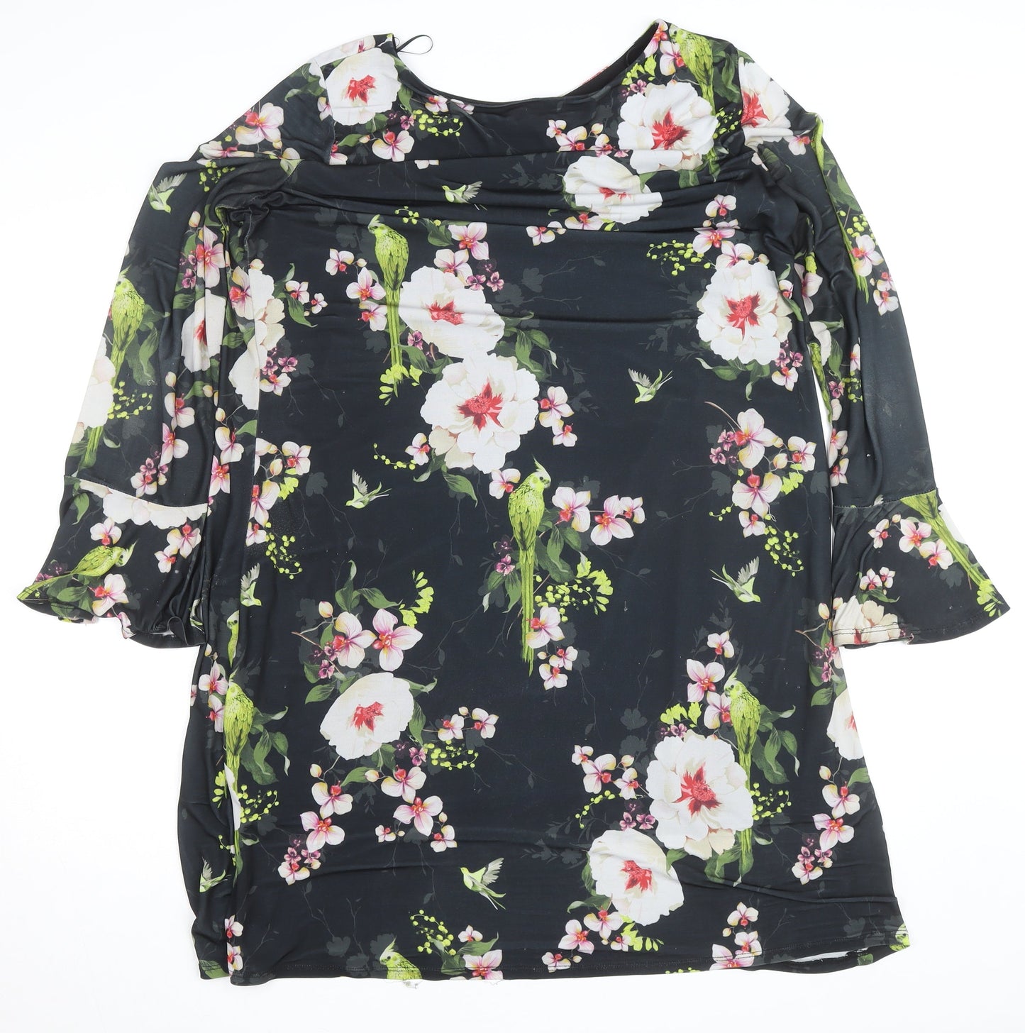 Wallis Womens Black Floral Shift Dress Size 16 Knee Length 3/4 Sleeve