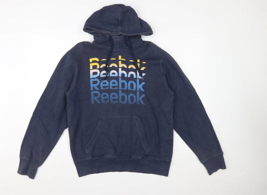 Reebok Men Blue Pullover Hoodie S Regular Fit Fleece Logo Sportswear